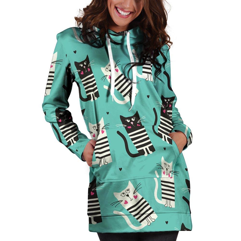 Love Turquoise Cat Print Hoodie Dress-grizzshop