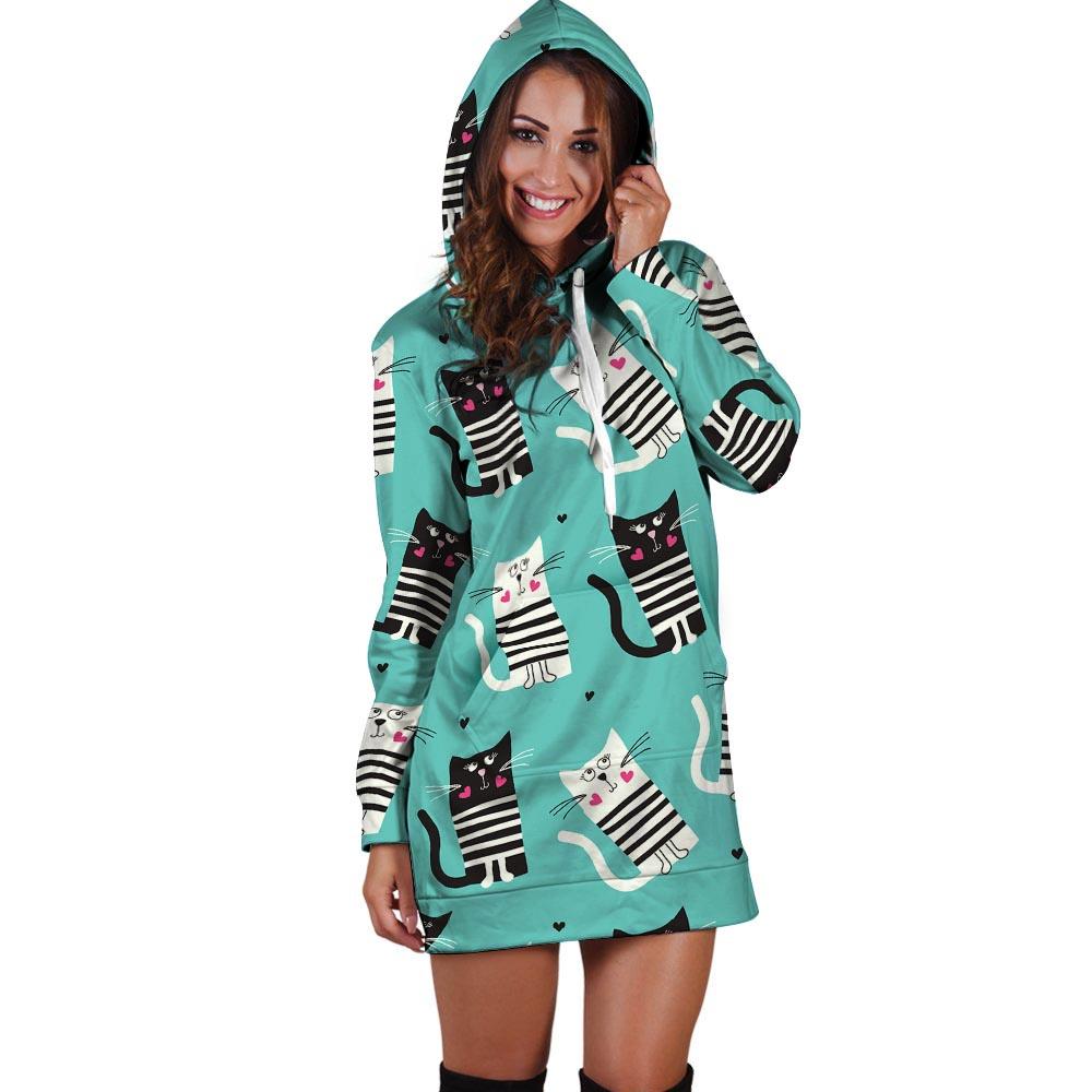 Love Turquoise Cat Print Hoodie Dress-grizzshop