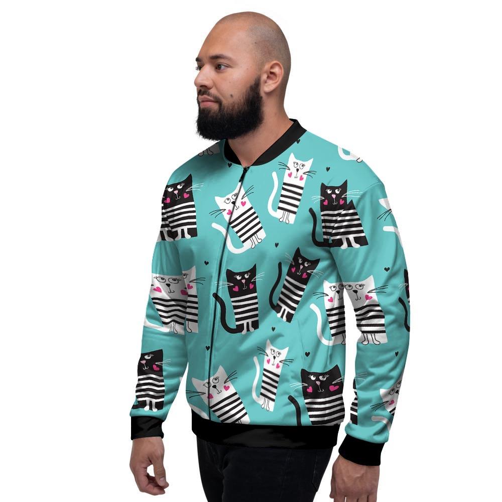 Love Turquoise Cat Print Men's Bomber Jacket-grizzshop