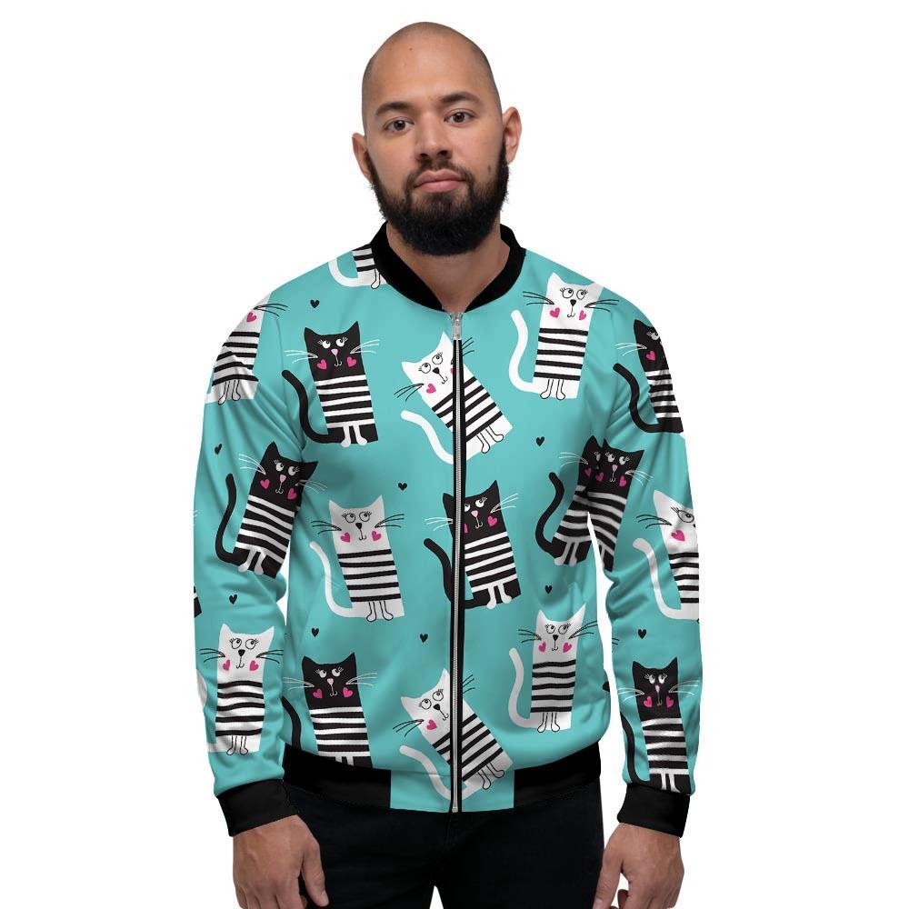 Love Turquoise Cat Print Men's Bomber Jacket-grizzshop