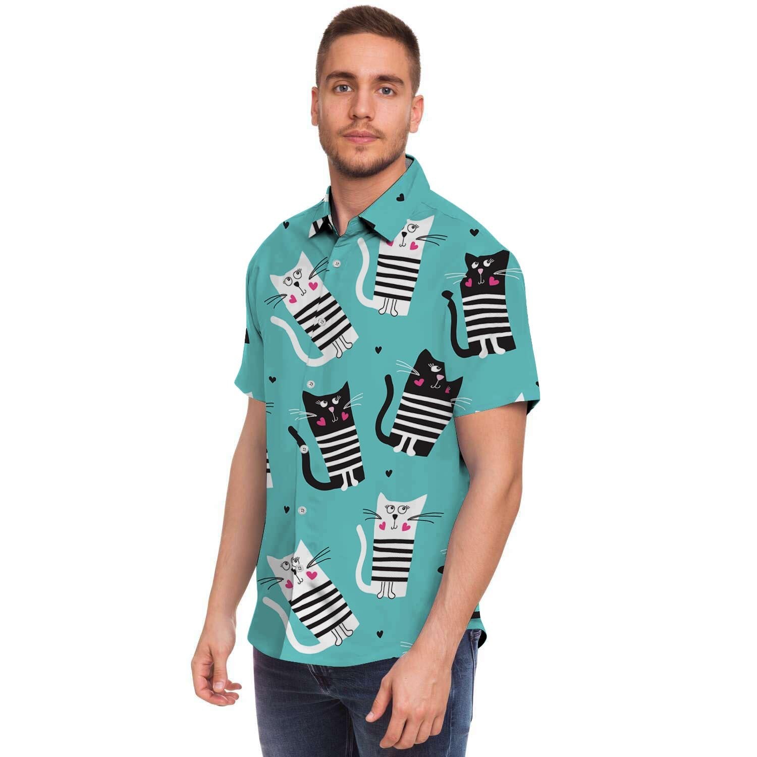 Love Turquoise Cat Print Men's Short Sleeve Shirt-grizzshop