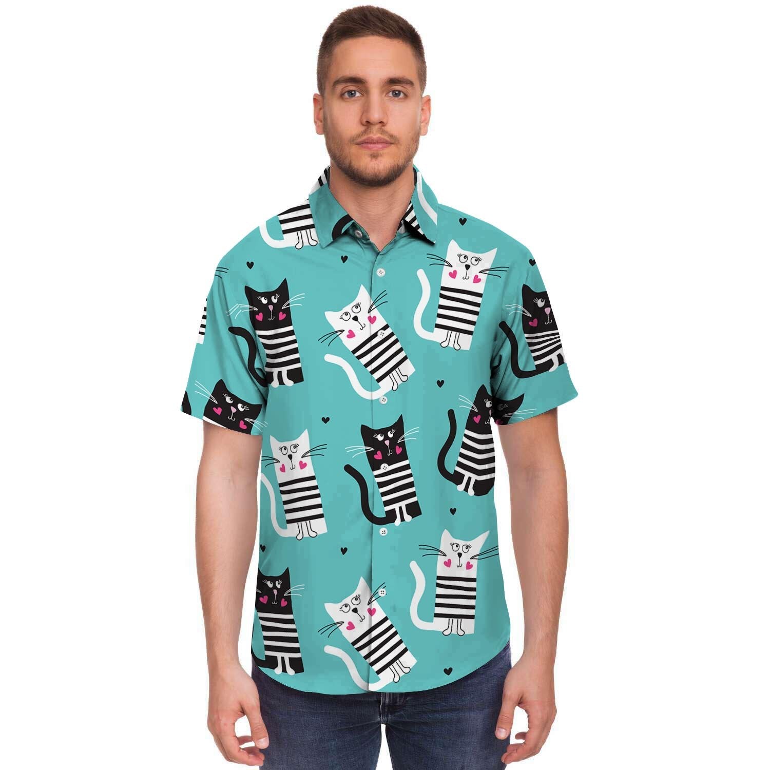 Love Turquoise Cat Print Men's Short Sleeve Shirt-grizzshop