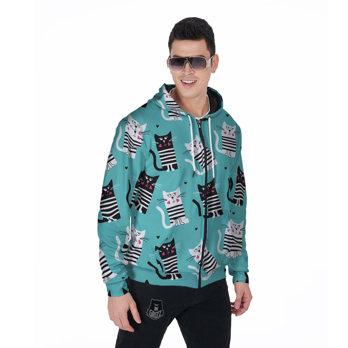 Love Turquoise Cat Print Men's Zip Up Hoodie-grizzshop