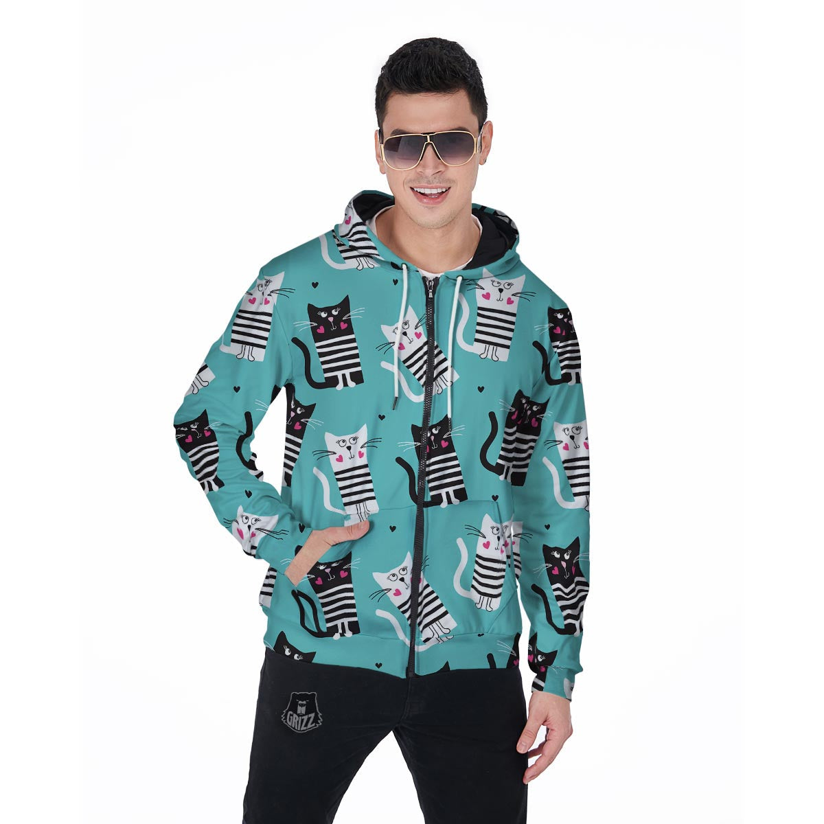 Love Turquoise Cat Print Men's Zip Up Hoodie-grizzshop