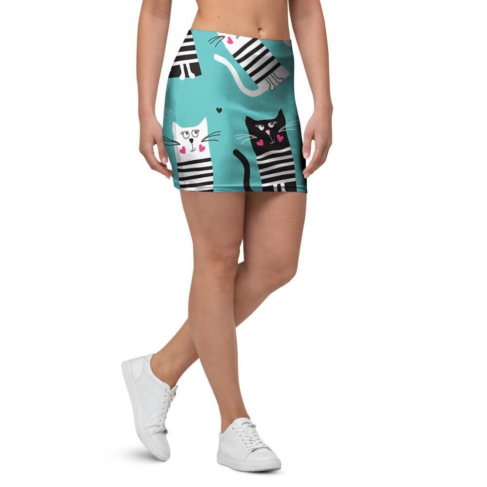 Love Turquoise Cat Print Mini Skirt-grizzshop