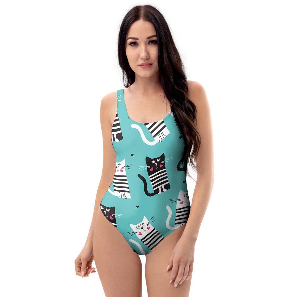 Love Turquoise Cat Print One Piece Swimsuite-grizzshop