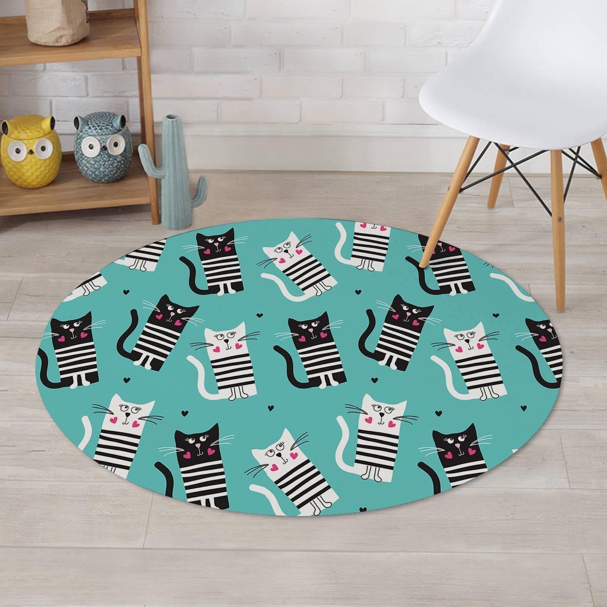 Love Turquoise Cat Print Round Rug-grizzshop