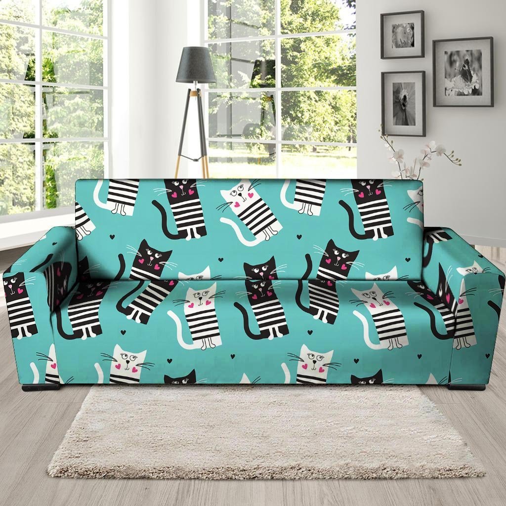 Love Turquoise Cat Print Sofa Cover-grizzshop