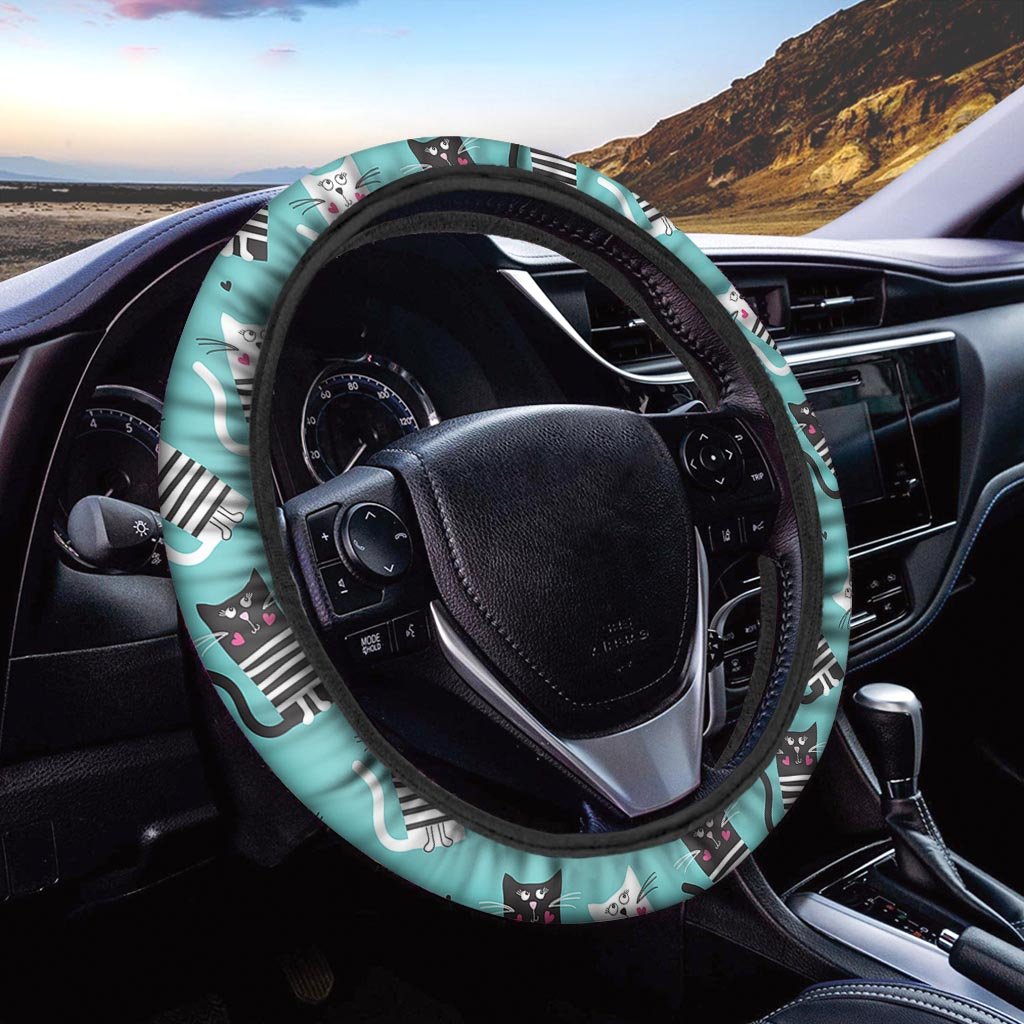 Love Turquoise Cat Print Steering Wheel Cover-grizzshop