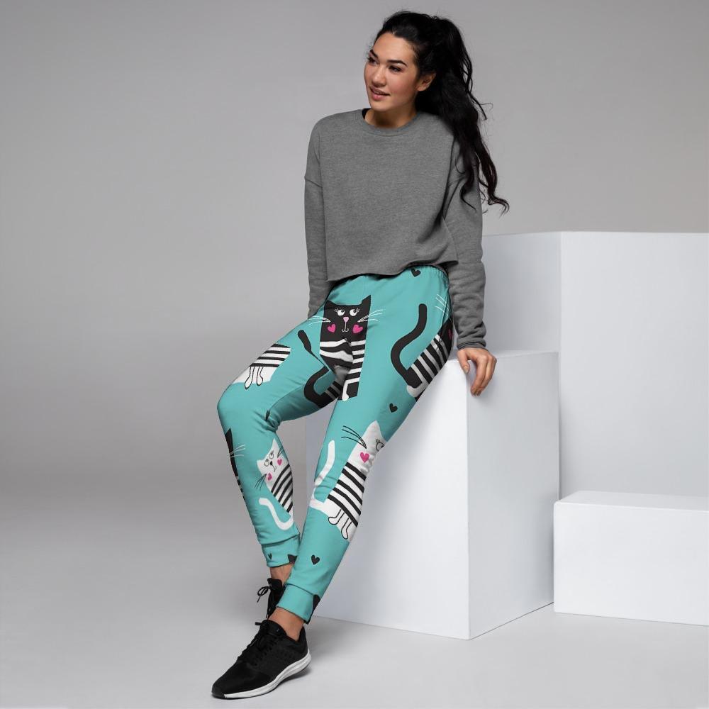 Love Turquoise Cat Print Women's Joggers-grizzshop