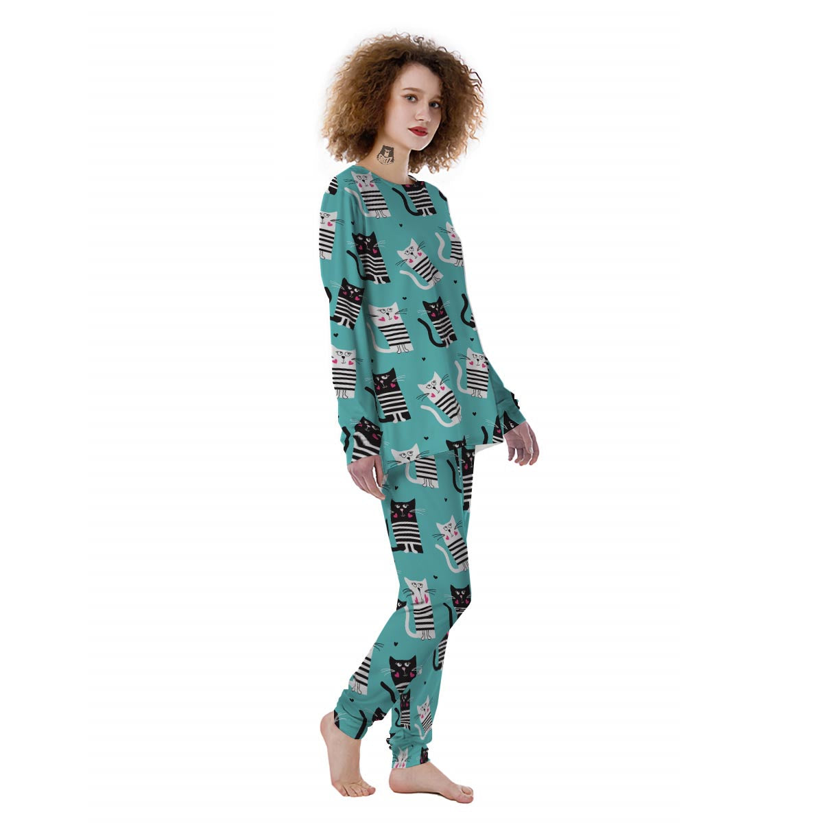 Love Turquoise Cat Print Women's Pajamas-grizzshop