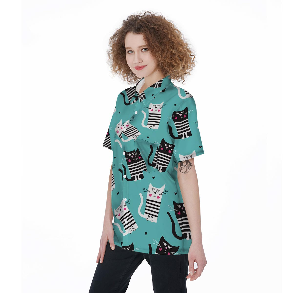 Love Turquoise Cat Print Women's Short Sleeve Shirts-grizzshop