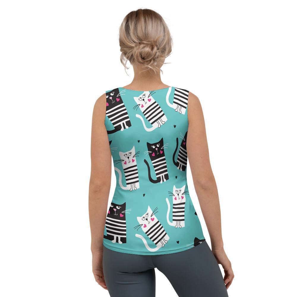 Love Turquoise Cat Print Women's Tank Top-grizzshop