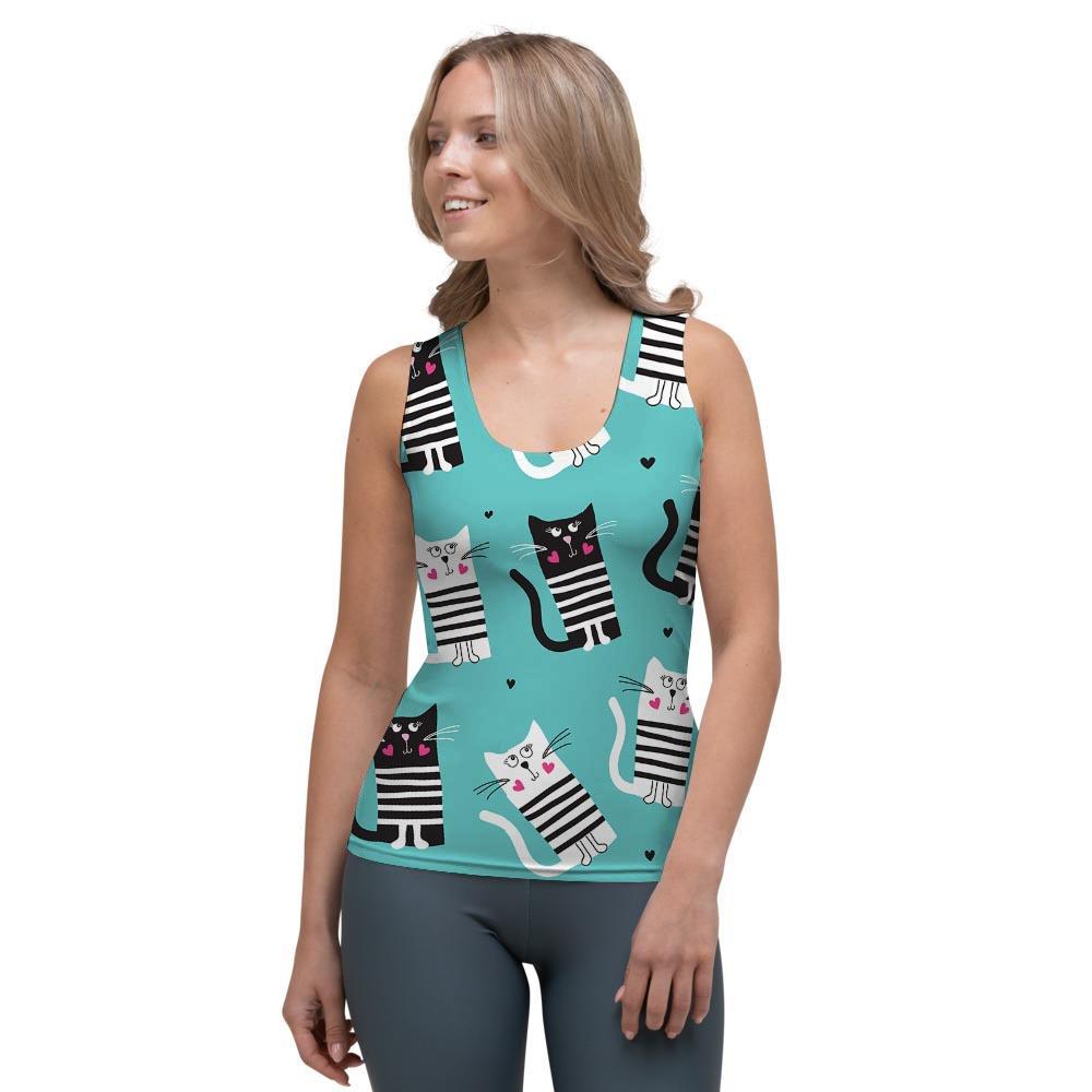 Love Turquoise Cat Print Women's Tank Top-grizzshop