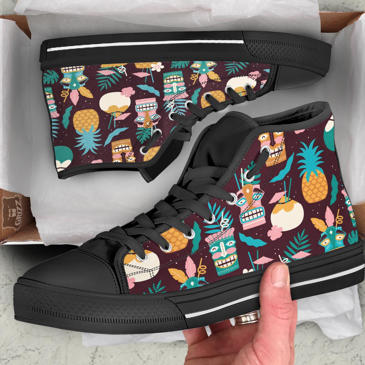 Luau Tiki Print Pattern Black High Top Shoes-grizzshop