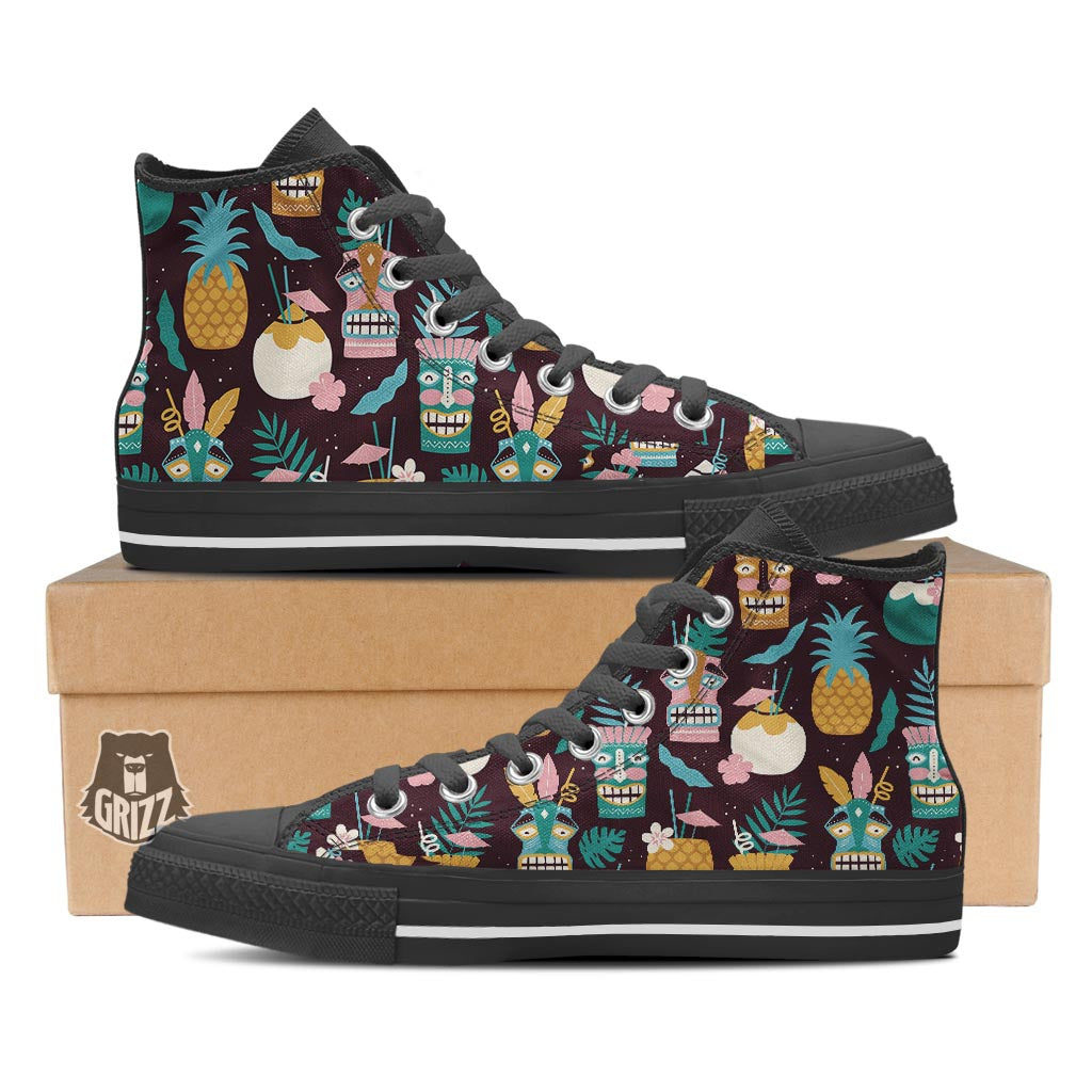 Luau Tiki Print Pattern Black High Top Shoes-grizzshop