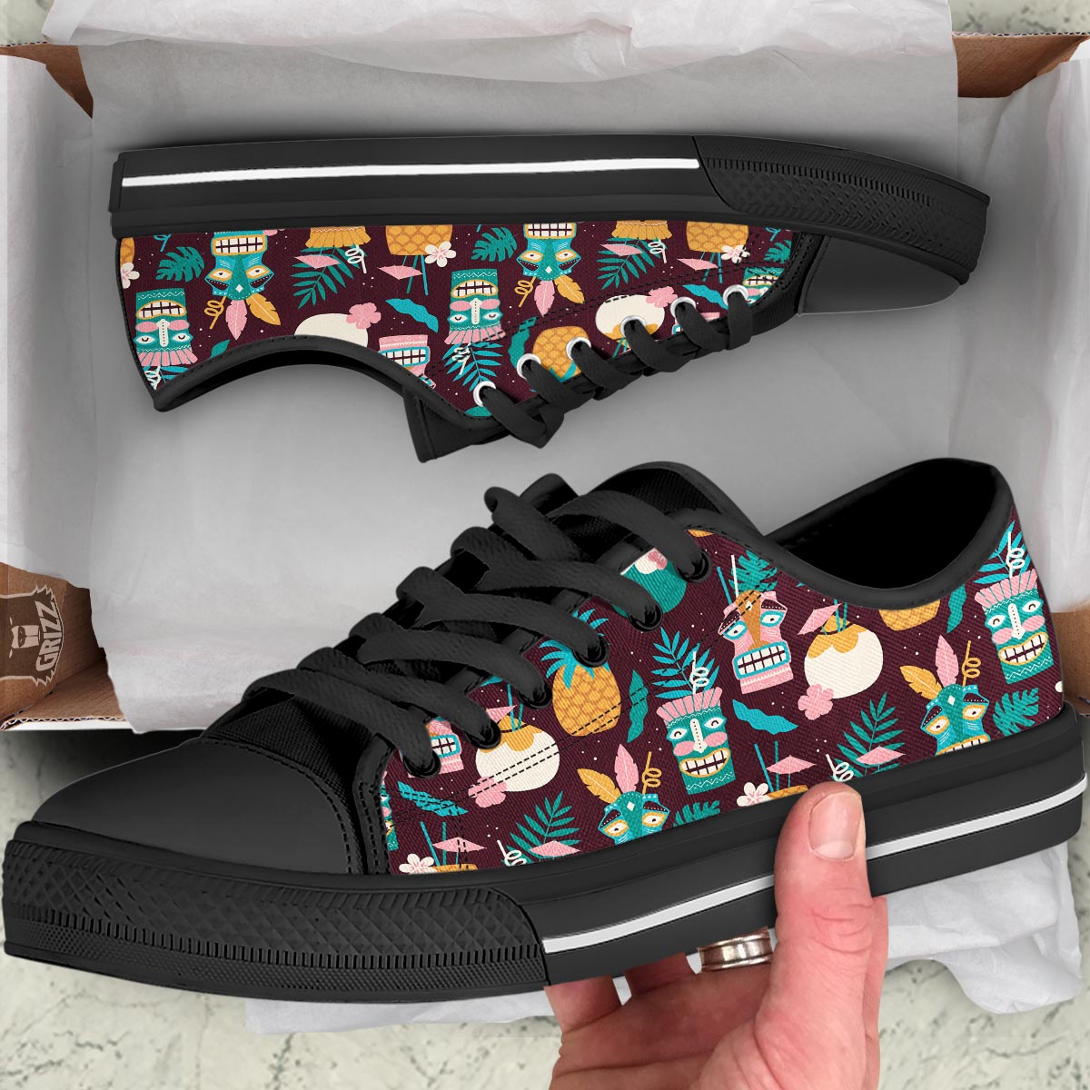 Luau Tiki Print Pattern Black Low Top Shoes-grizzshop