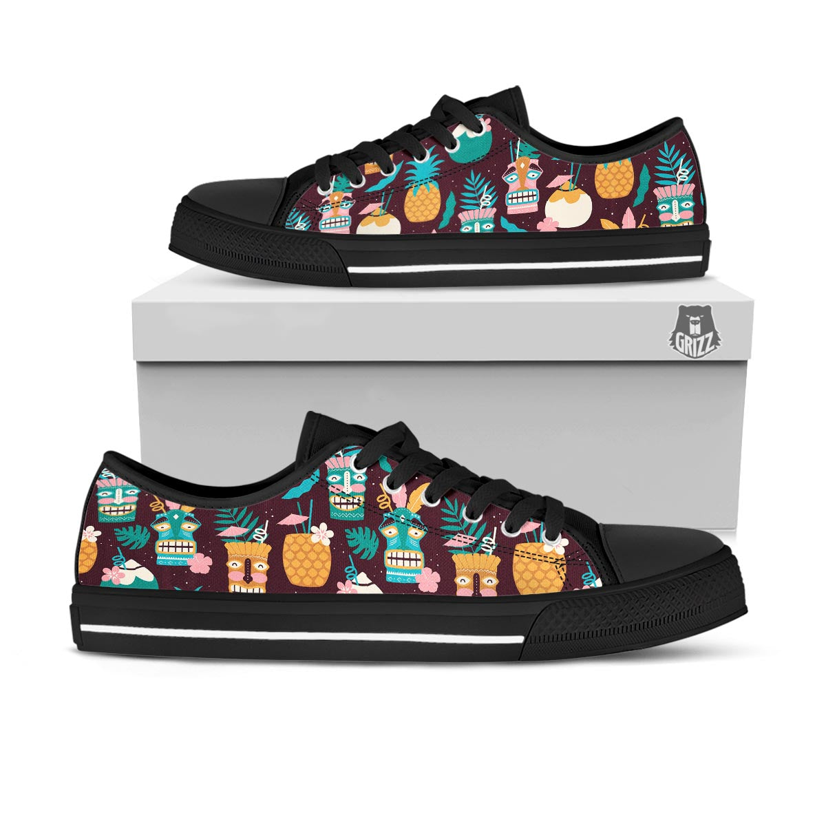 Luau Tiki Print Pattern Black Low Top Shoes-grizzshop