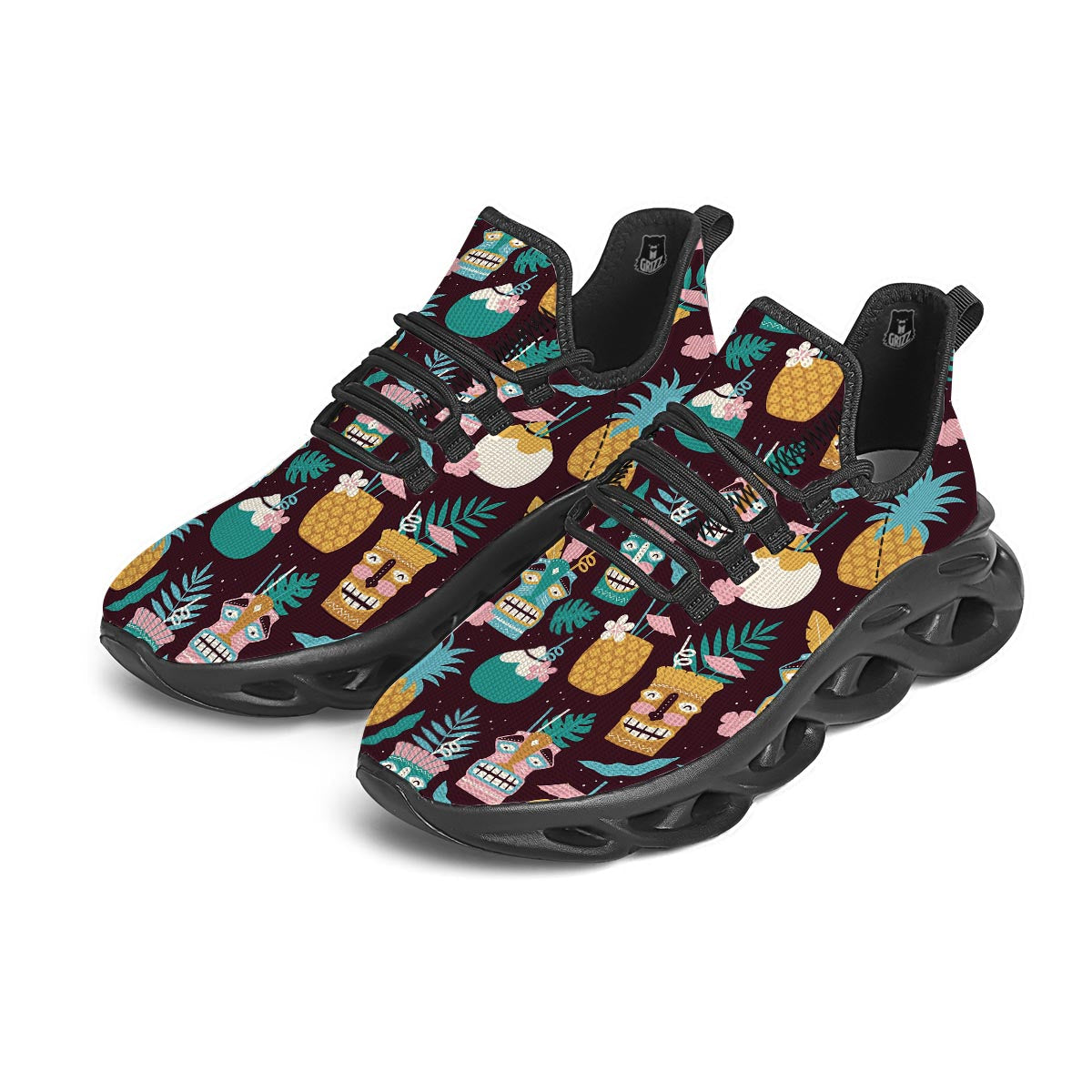 Luau Tiki Print Pattern Black Running Shoes-grizzshop