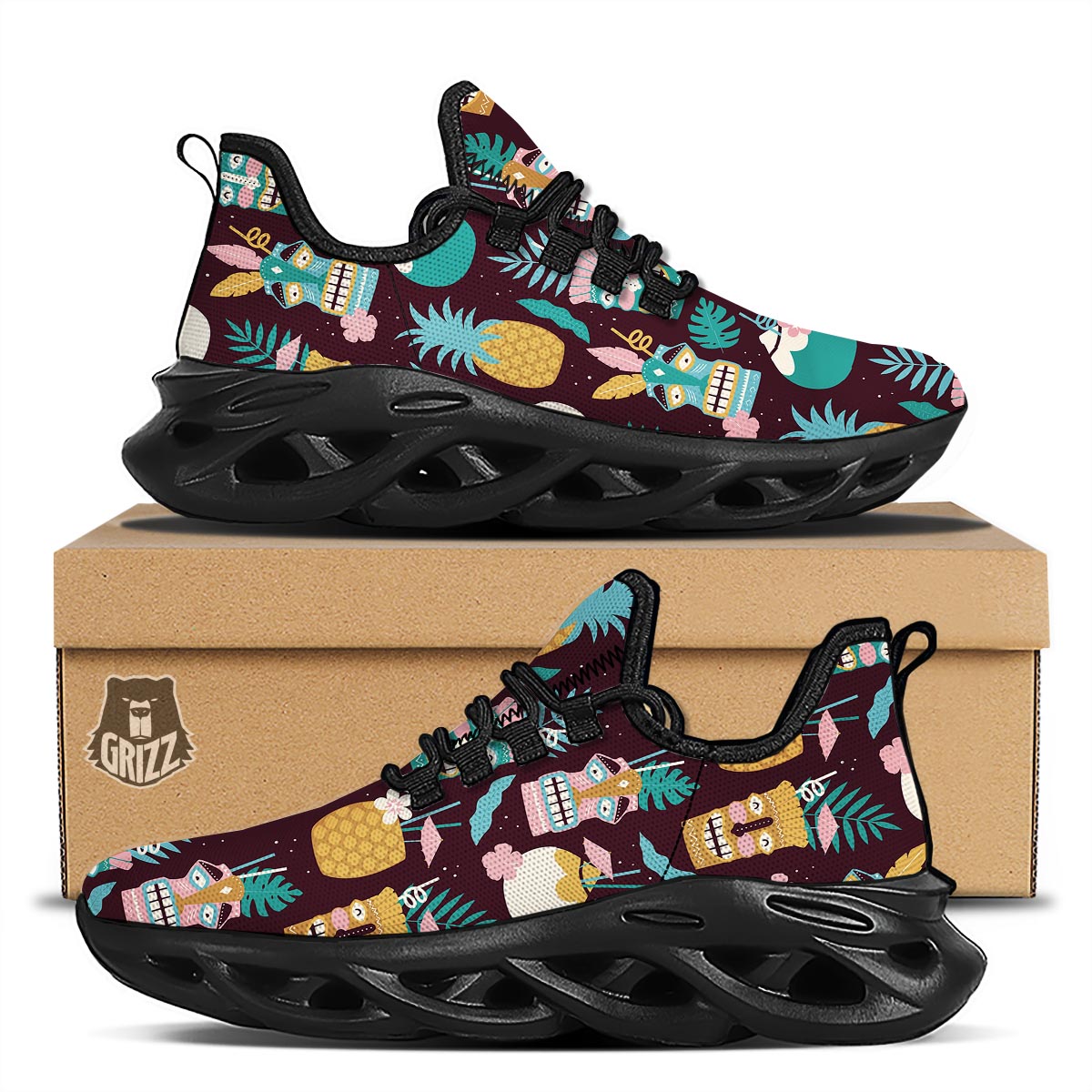 Luau Tiki Print Pattern Black Running Shoes-grizzshop