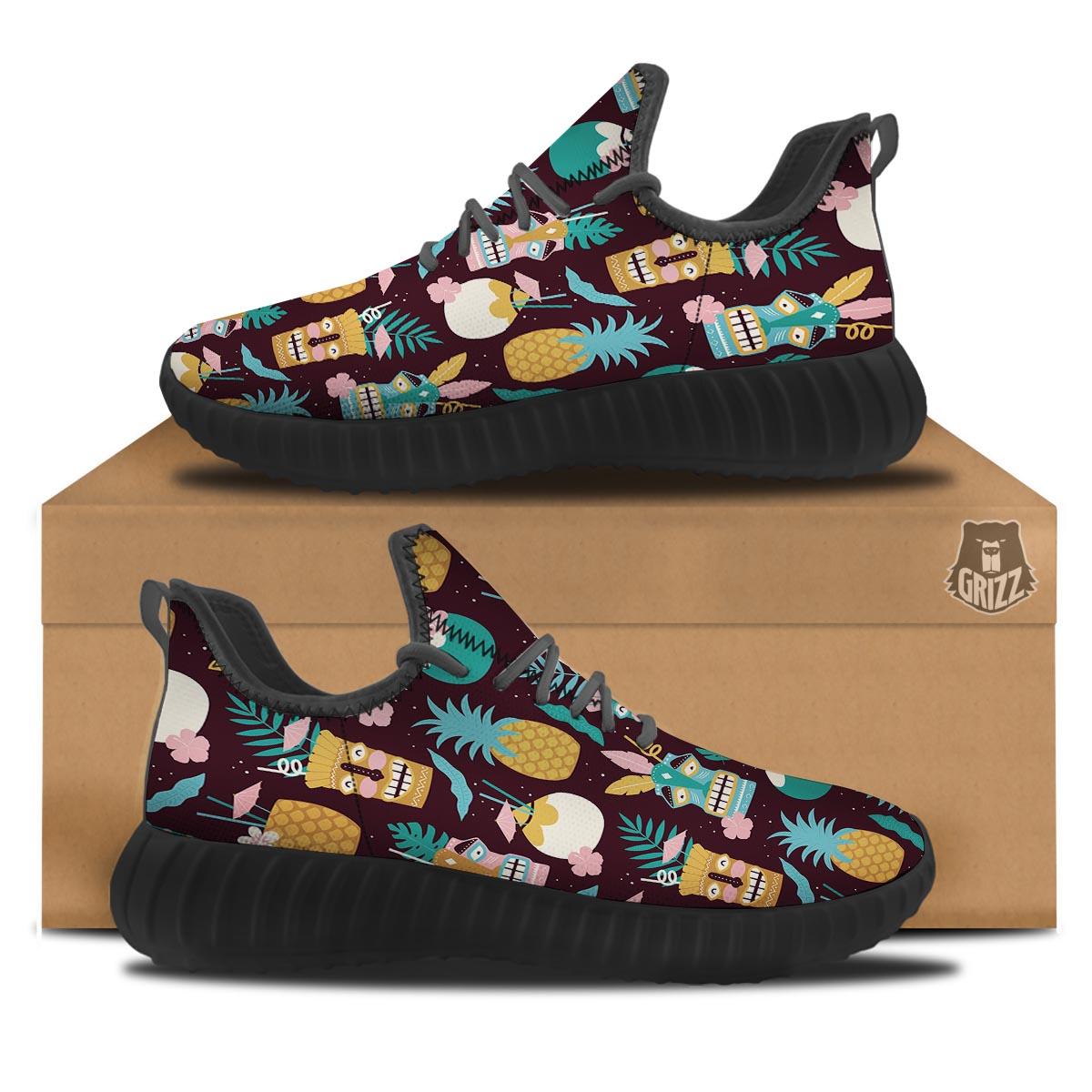 Luau Tiki Print Pattern Black Walking Shoes-grizzshop