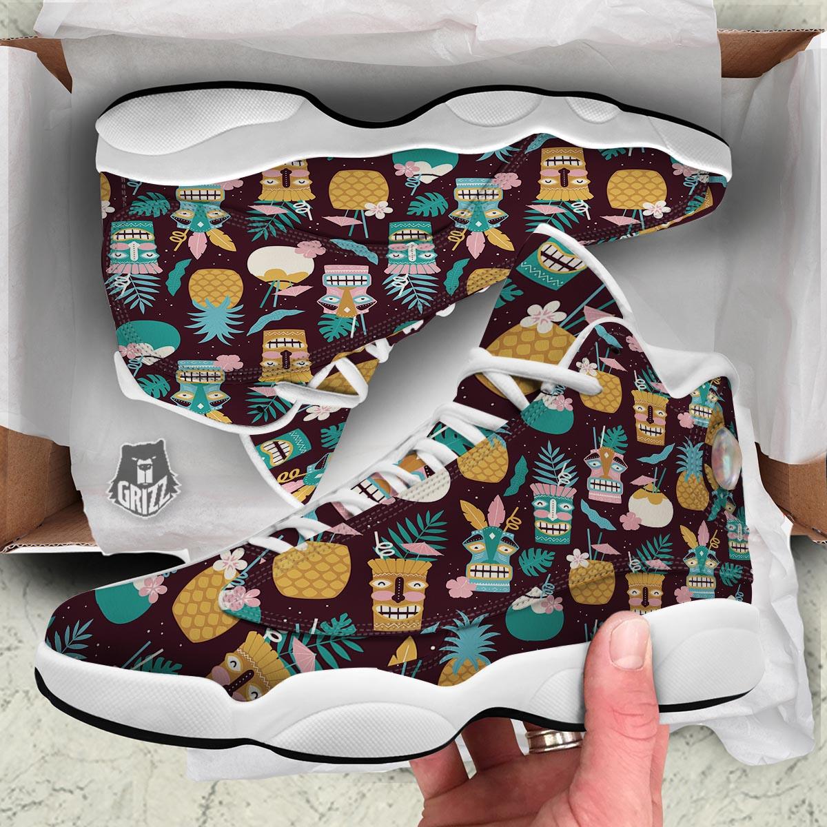 Luau Tiki Print Pattern White Basketball Shoes-grizzshop