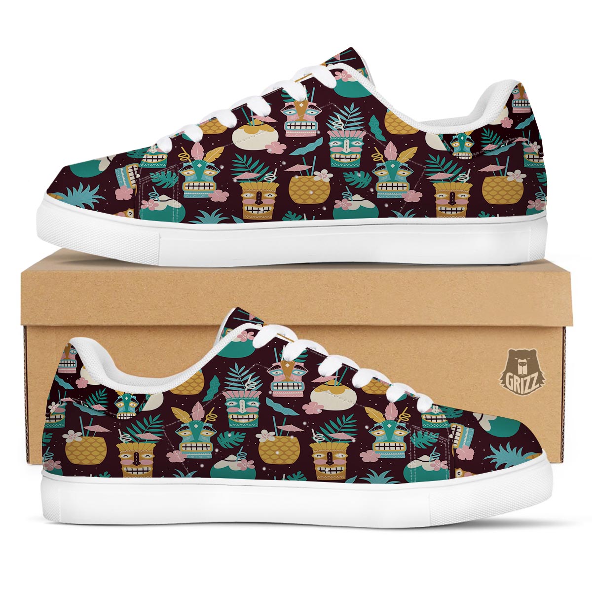 Luau Tiki Print Pattern White Low Top Sneakers-grizzshop