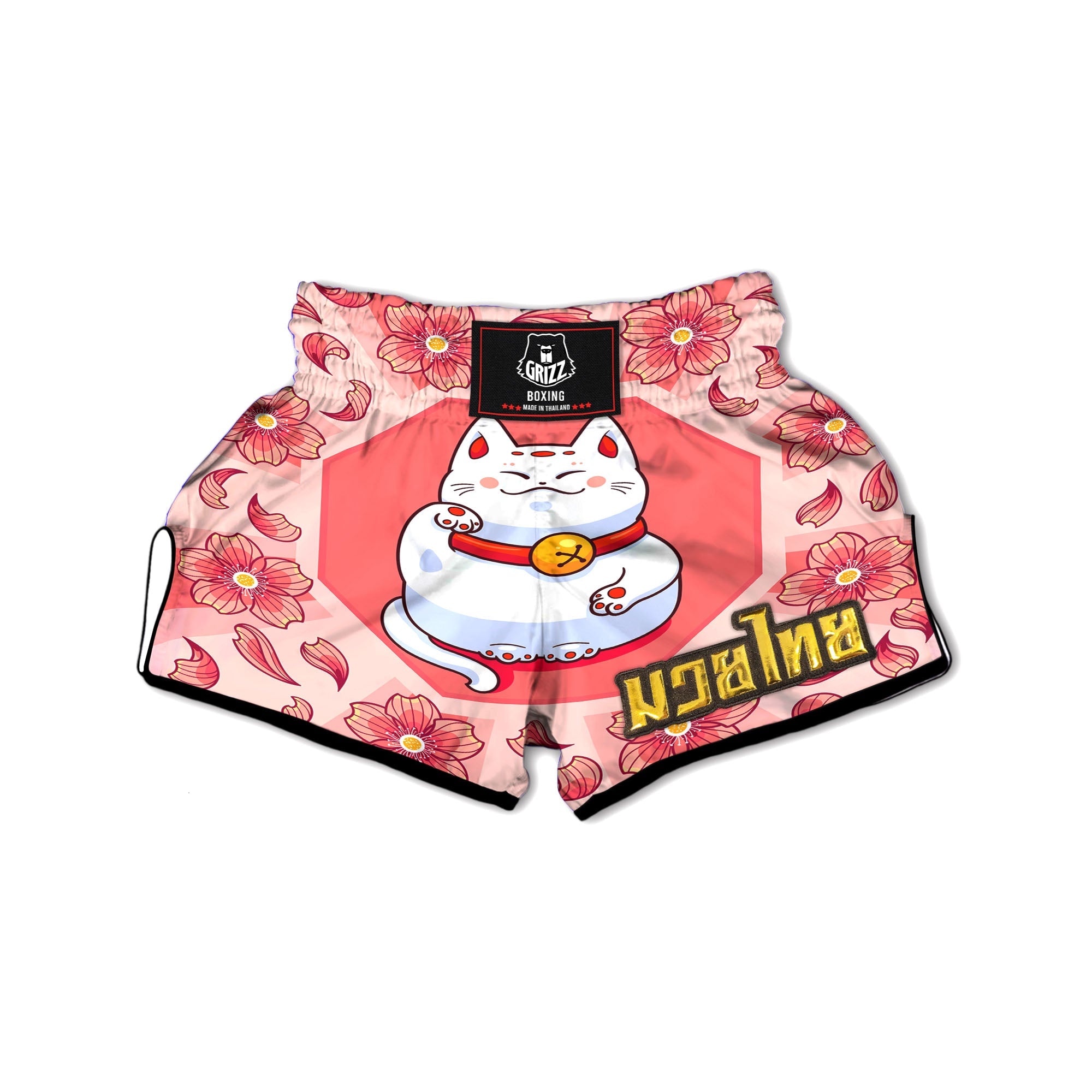 Lucky Cat And Sakura Japanese Print Muay Thai Boxing Shorts-grizzshop