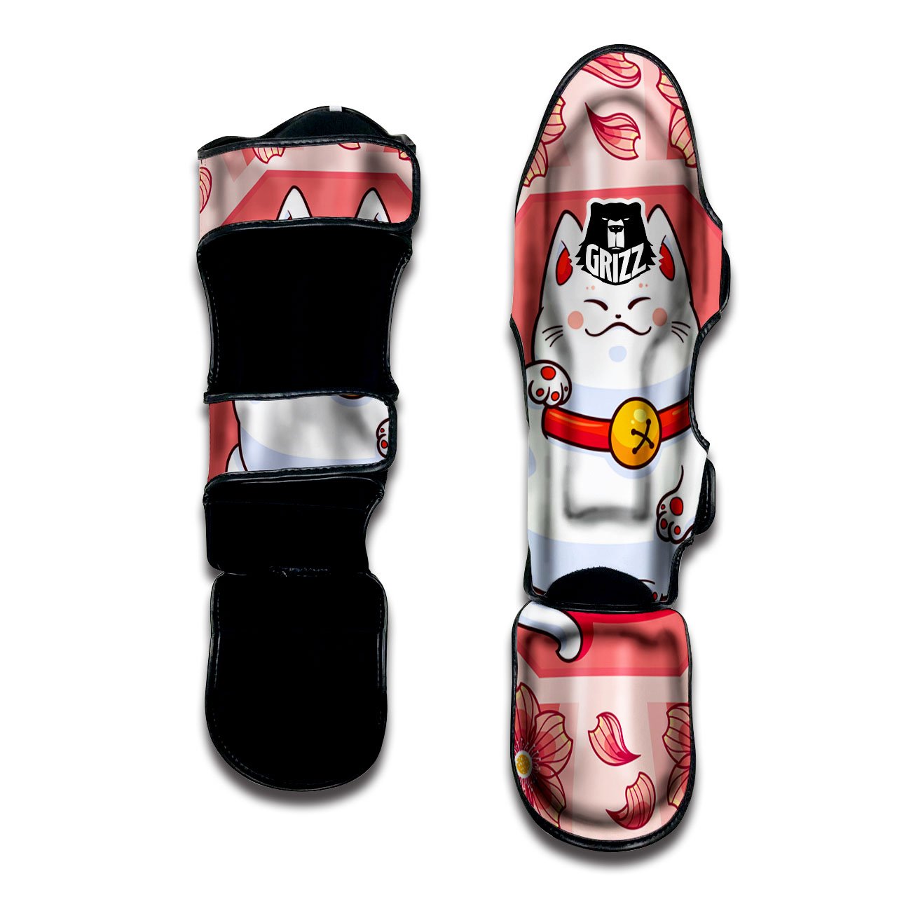 Lucky Cat And Sakura Japanese Print Muay Thai Shin Guards-grizzshop