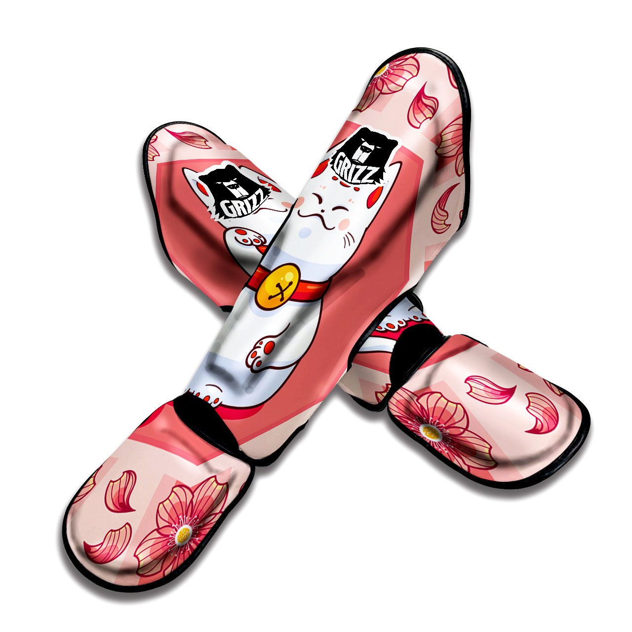 Lucky Cat And Sakura Japanese Print Muay Thai Shin Guards-grizzshop