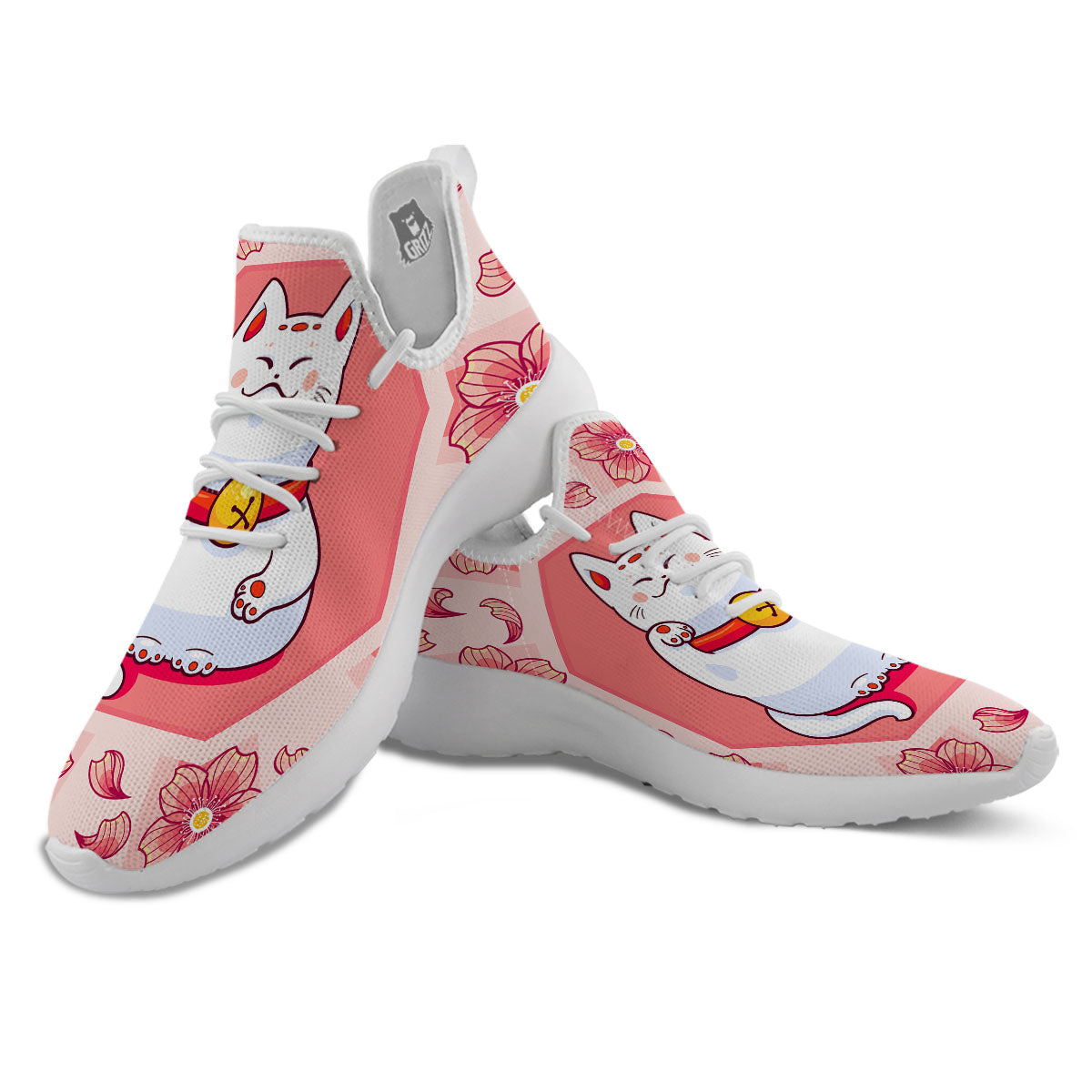 Lucky Cat And Sakura Japanese Print White Athletic Shoes-grizzshop