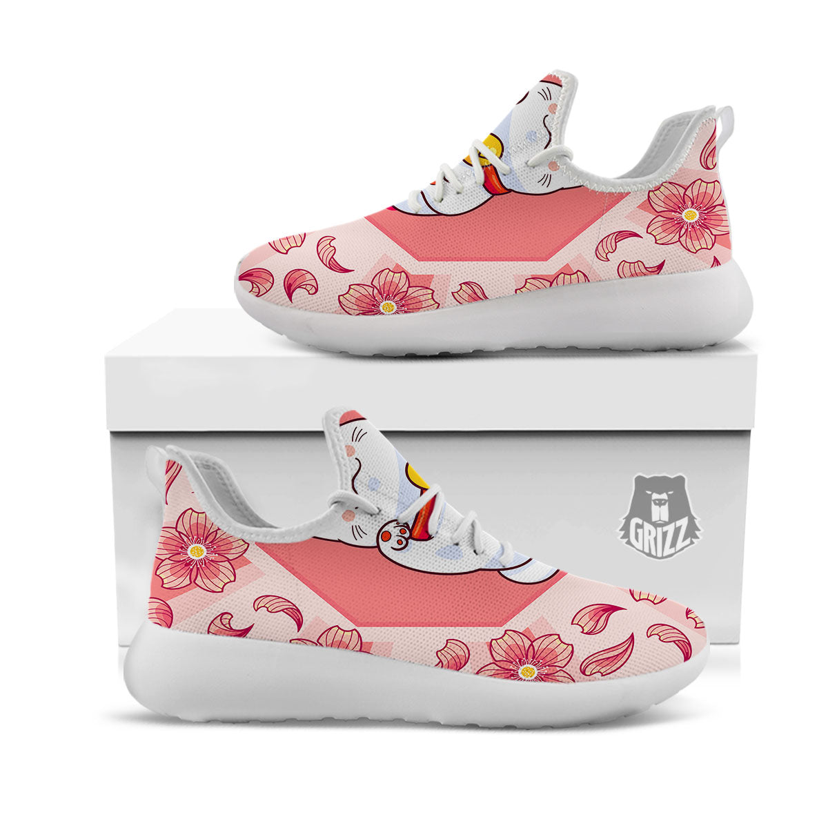 Lucky Cat And Sakura Japanese Print White Athletic Shoes-grizzshop