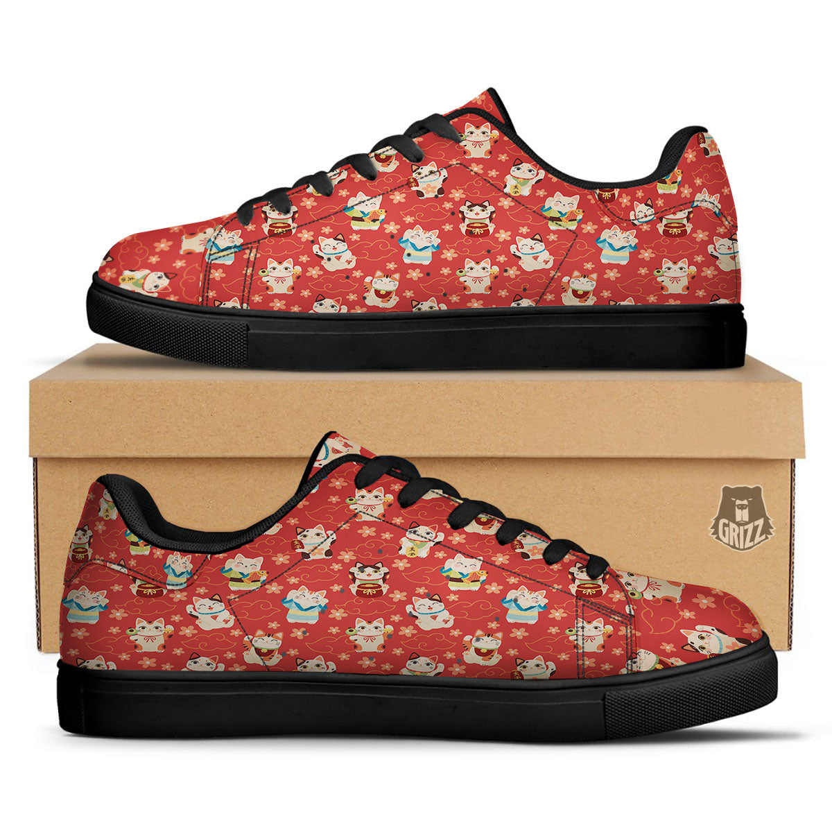 Lucky Cat Japanese Print Pattern Black Low Top Sneakers-grizzshop