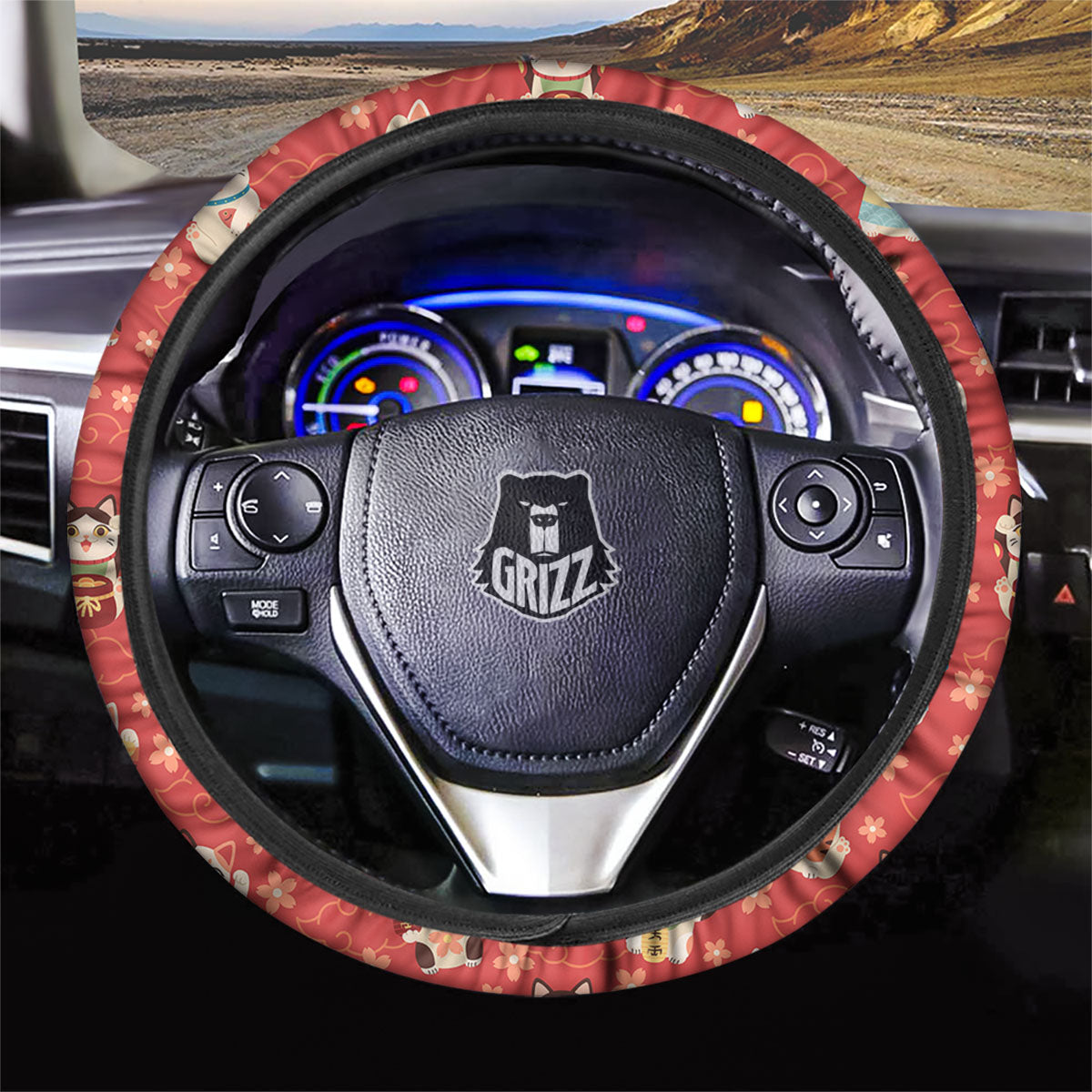 Lucky Cat Japanese Print Pattern Car Steering Wheel Cover-grizzshop