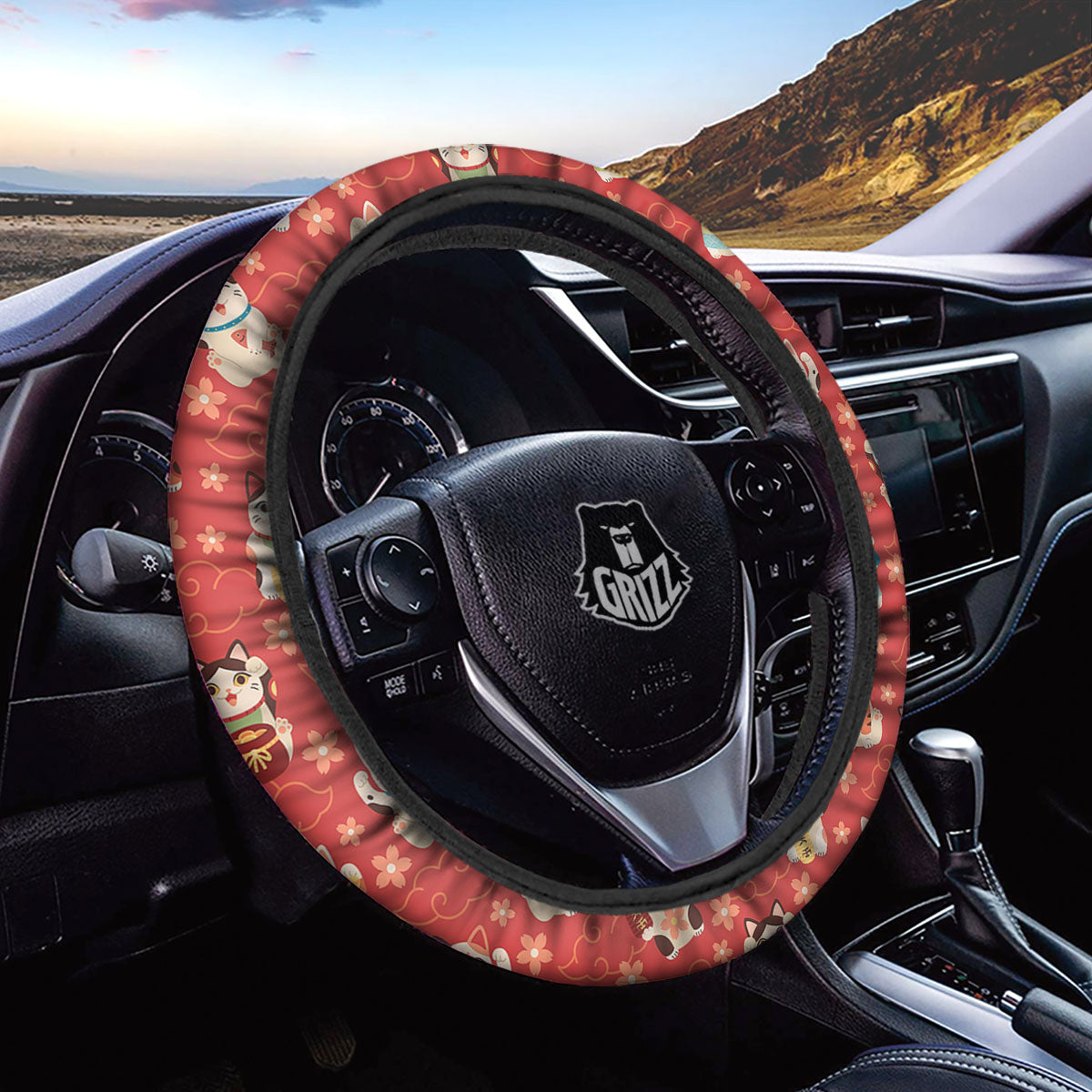 Lucky Cat Japanese Print Pattern Car Steering Wheel Cover-grizzshop