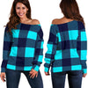 Lumberjack Blue Pattern Print Women Off Shoulder Sweatshirt-grizzshop