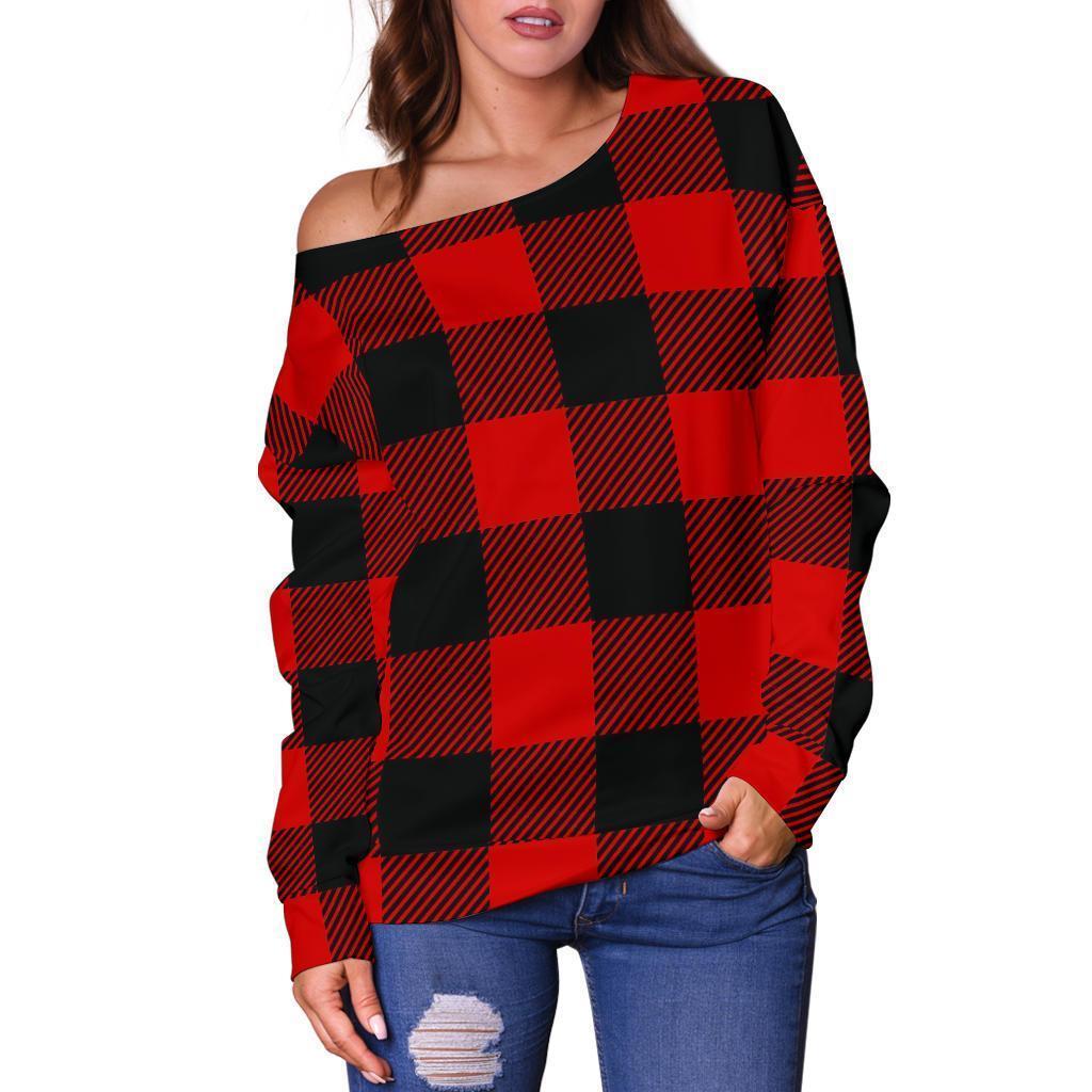 Lumberjack Red Pattern Print Women Off Shoulder Sweatshirt-grizzshop