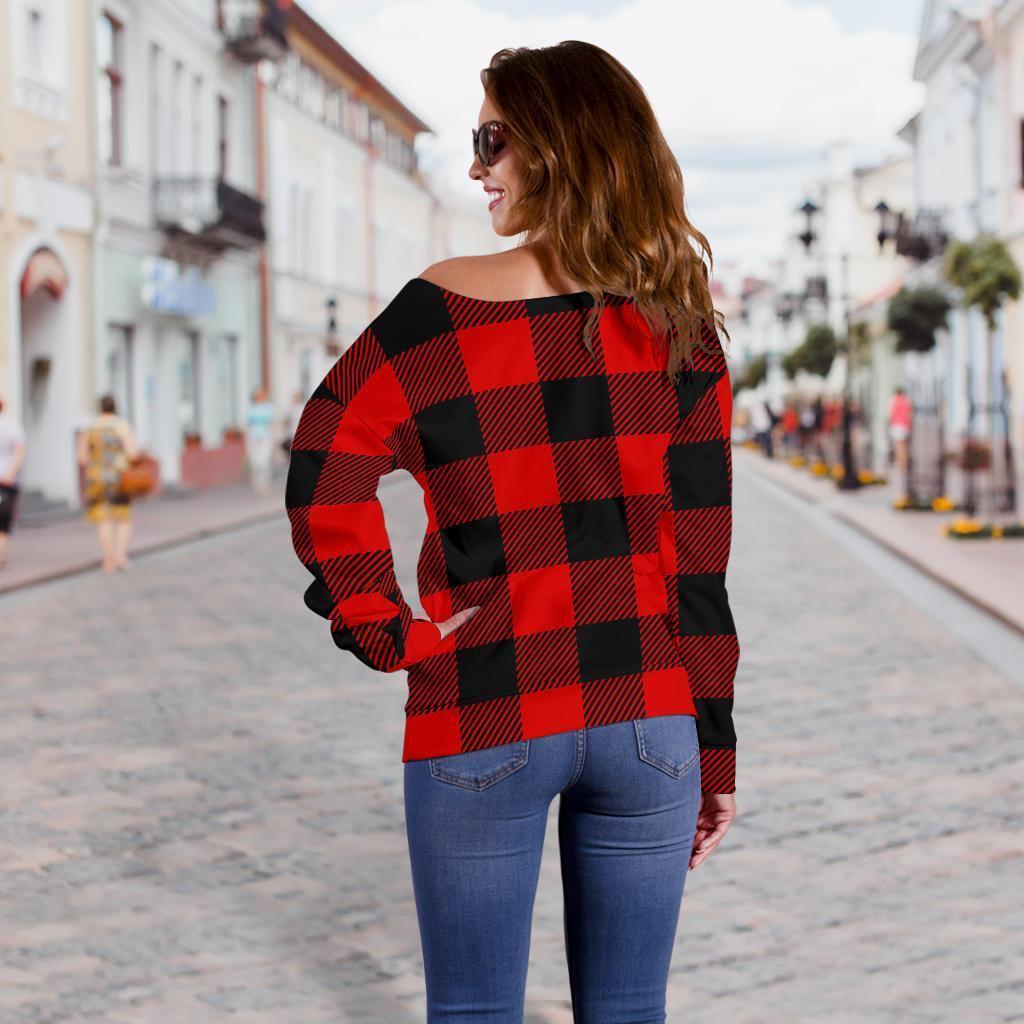 Lumberjack Red Pattern Print Women Off Shoulder Sweatshirt-grizzshop