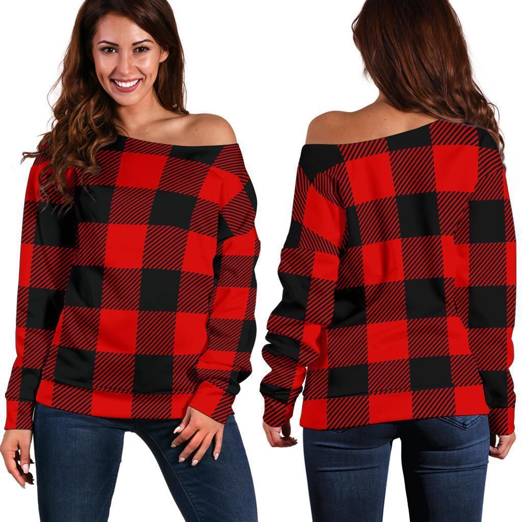 Lumberjack Red Pattern Print Women Off Shoulder Sweatshirt-grizzshop