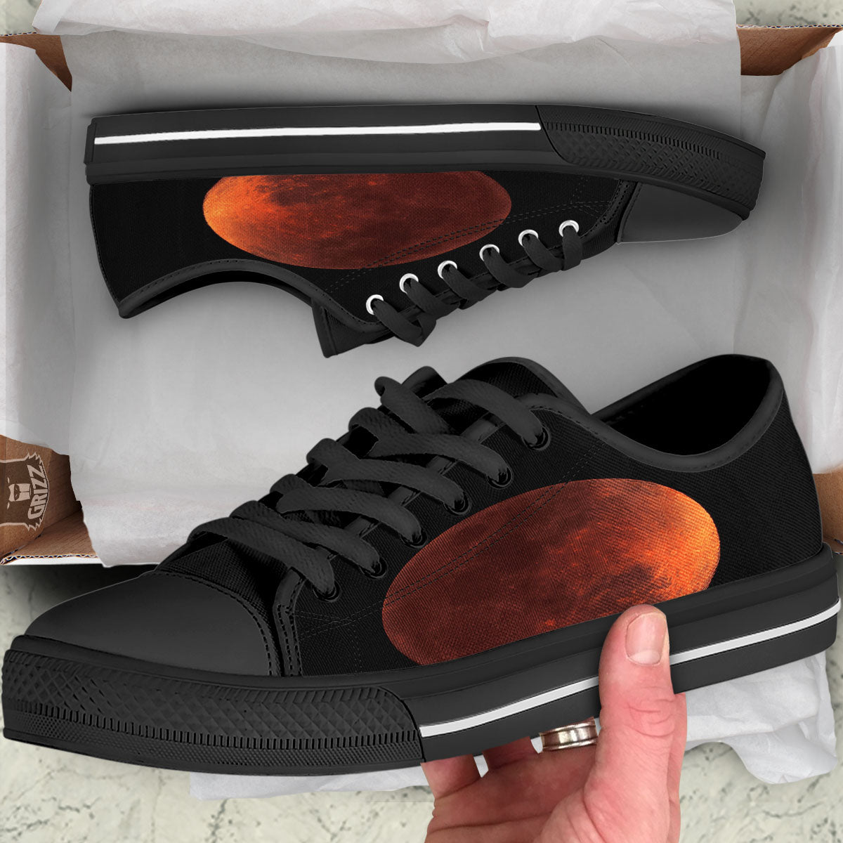 Lunar Cycle Eclipse Print Black Low Top Shoes-grizzshop