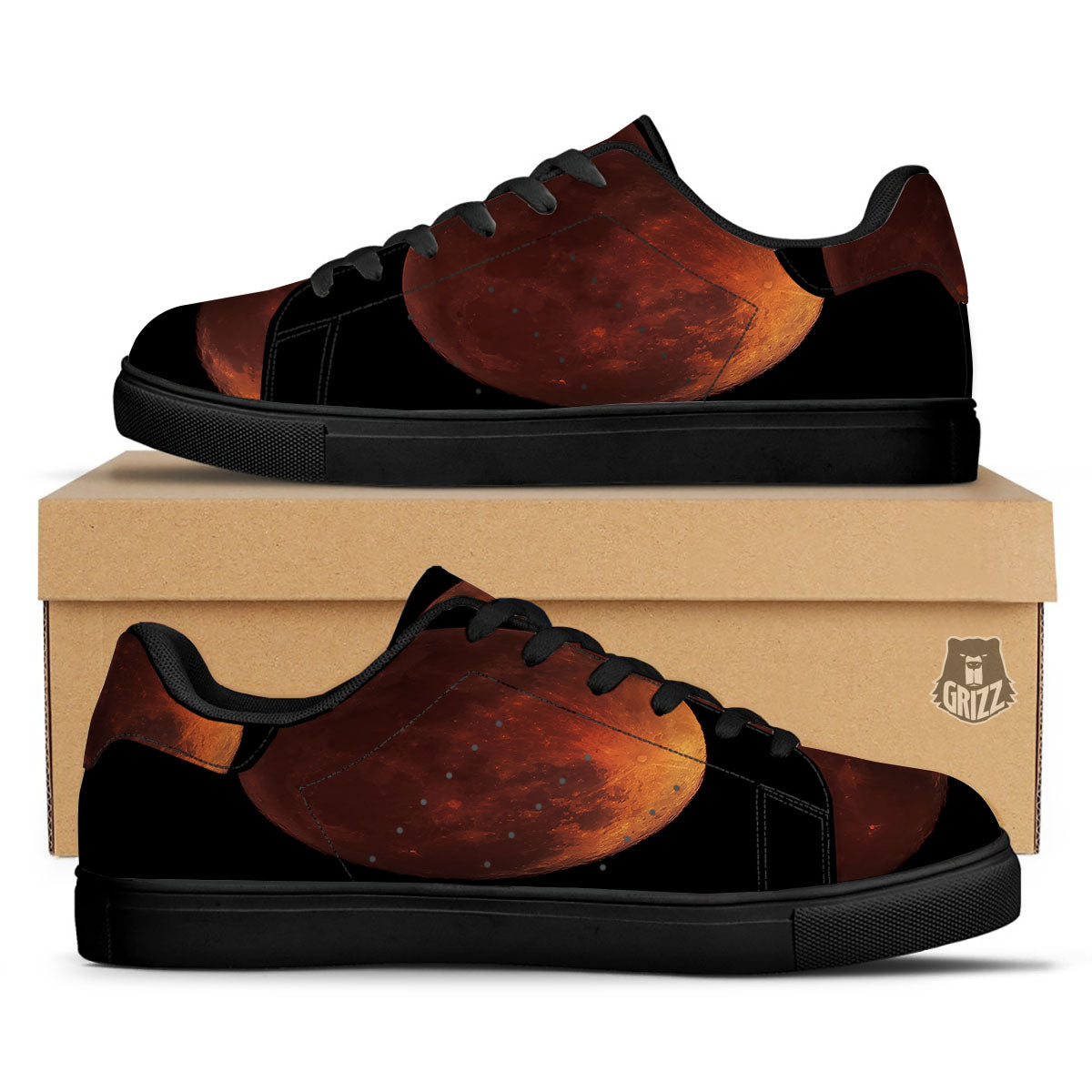 Lunar Cycle Eclipse Print Black Low Top Sneakers-grizzshop