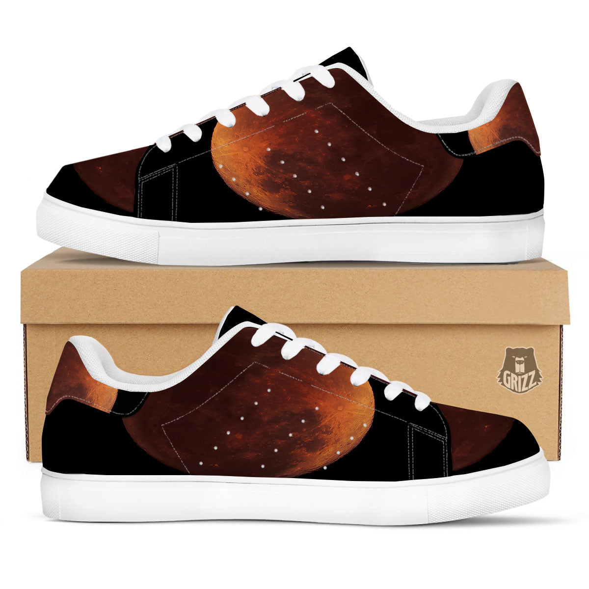 Lunar Cycle Eclipse Print White Low Top Sneakers-grizzshop