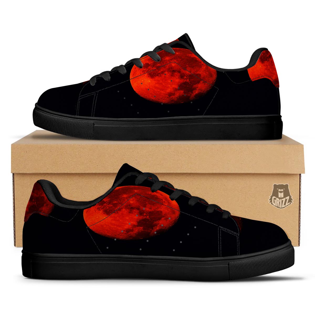 Lunar Eclipse Super Blood Moon Print Black Low Top Sneakers-grizzshop