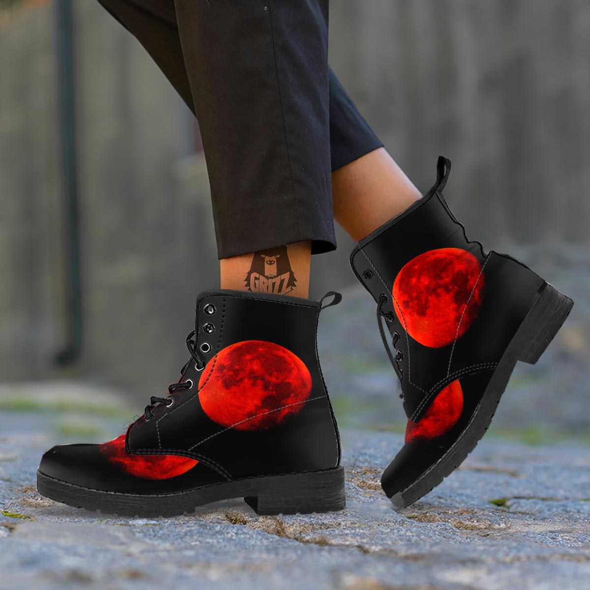 Lunar Eclipse Super Blood Moon Print Leather Boots-grizzshop