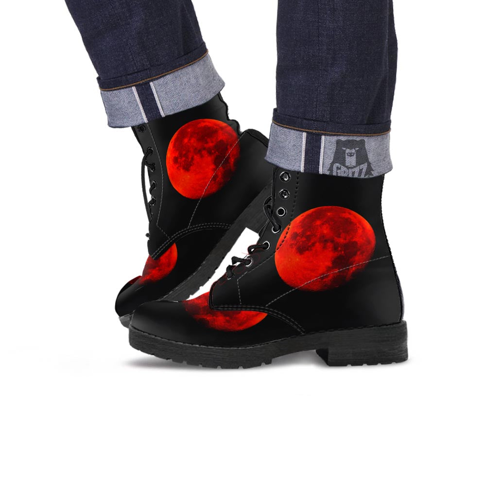 Lunar Eclipse Super Blood Moon Print Leather Boots-grizzshop