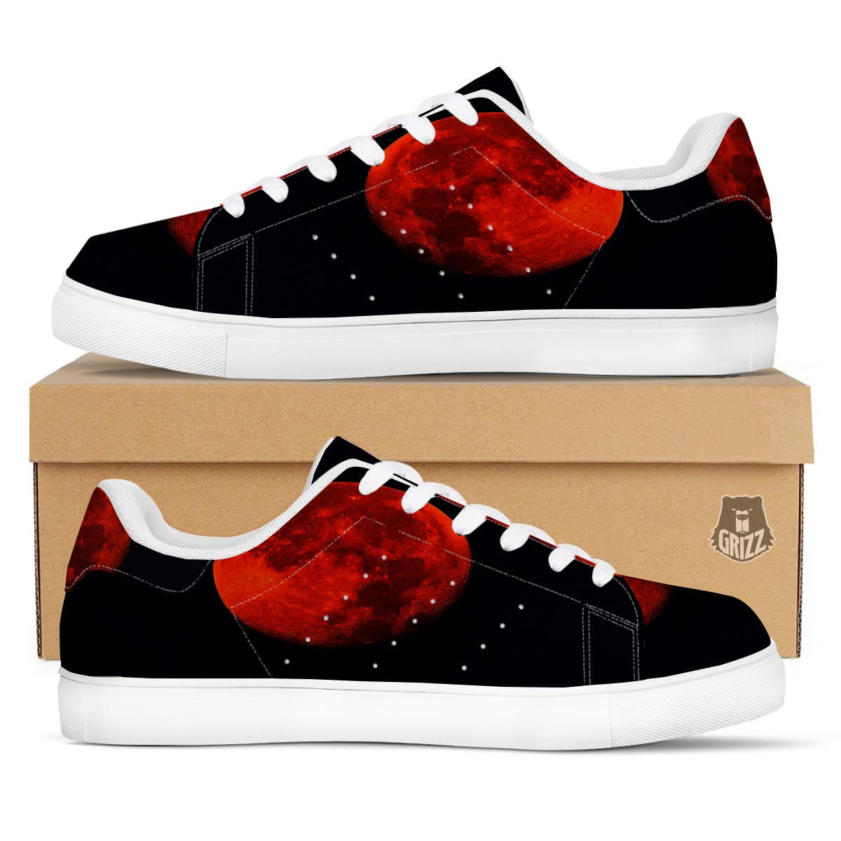 Lunar Eclipse Super Blood Moon Print White Low Top Sneakers-grizzshop