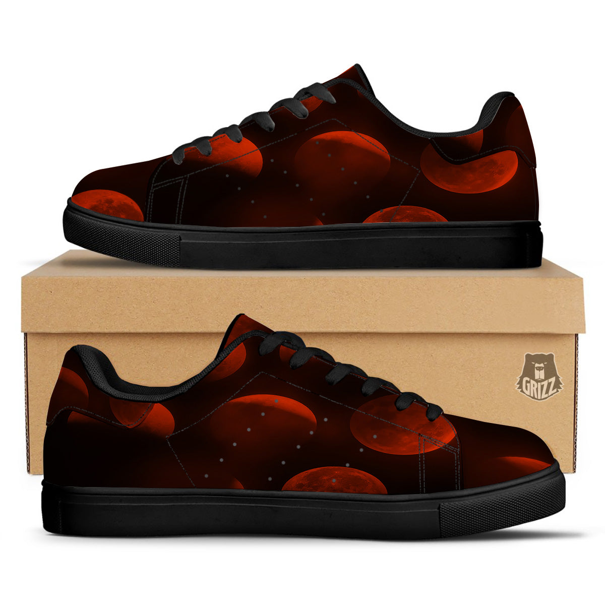 Lunar Phase Blood Moon Print Black Low Top Sneakers-grizzshop