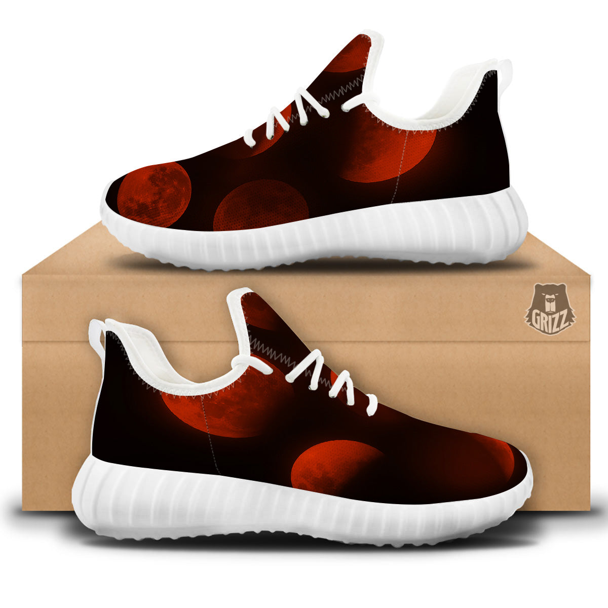 Lunar Phase Blood Moon Print White Walking Shoes-grizzshop