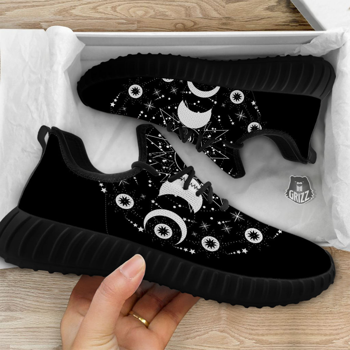Lunar Phase Galaxy Print Black Walking Shoes-grizzshop