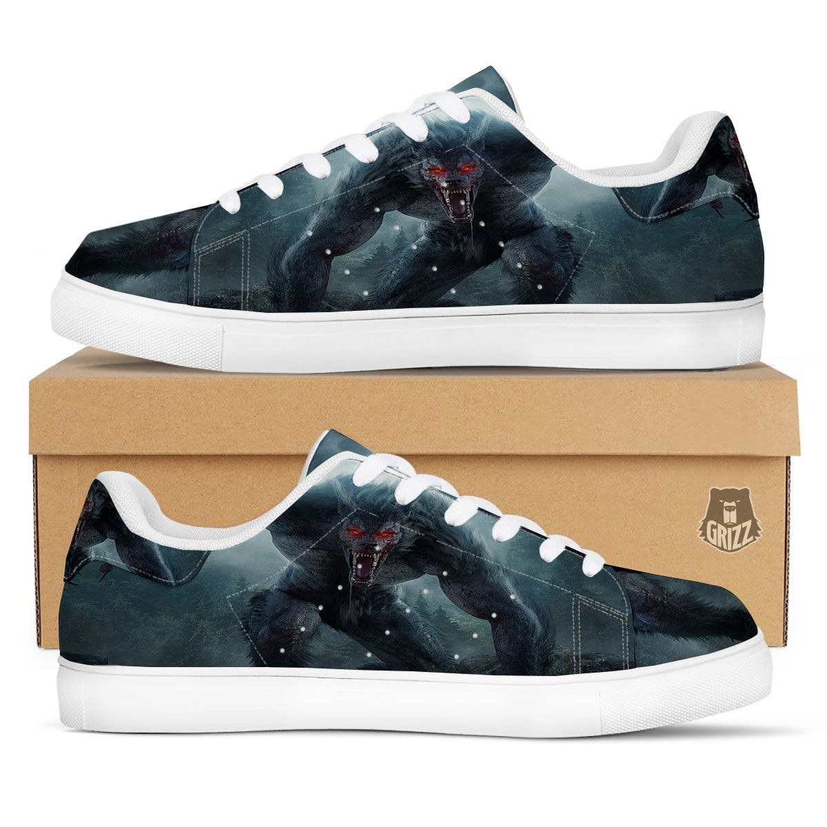 Lycan werewolf And Full Moon Print White Low Top Sneakers-grizzshop